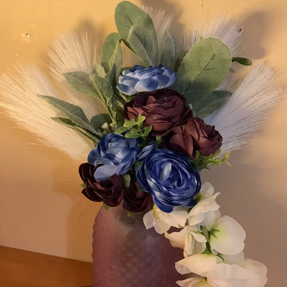 Hand Crafted- Silk floral arrangement with purple textured vase